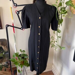 Vtg 80s Damon Petite Black Gold Button Dress - Union Made - Size 8